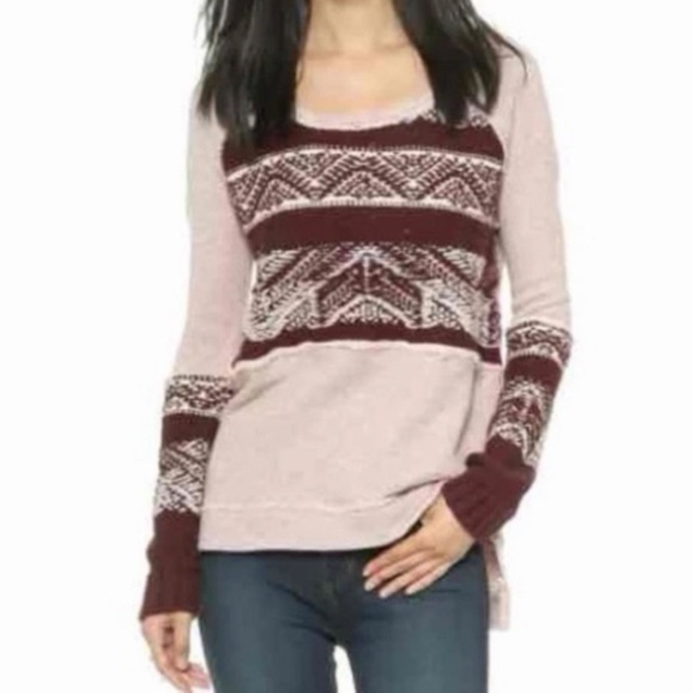 Free People Snow Angel Sweater M Fair Isle Burgundy Oatmeal Raw Edge
